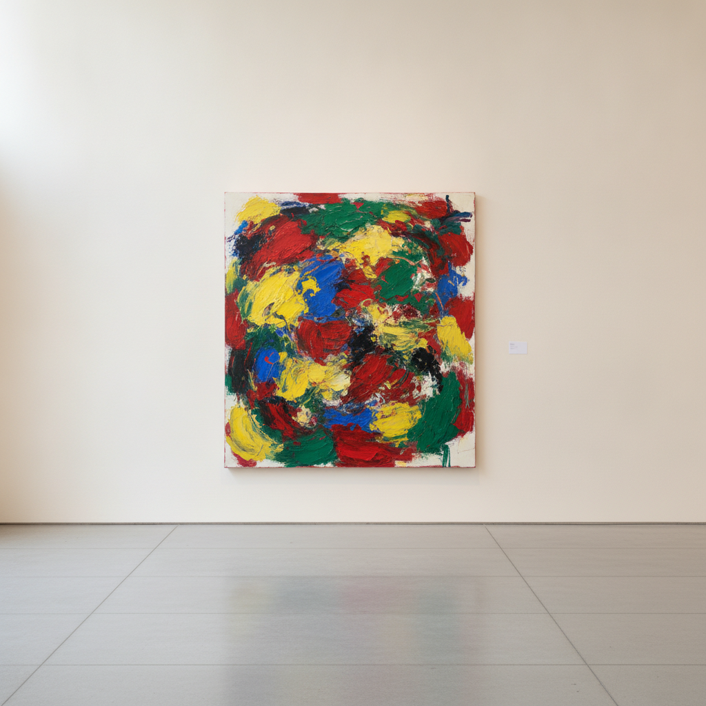 Moodboard: stiller weisser Galerieraum mit einem einzelnen abstrakten Werk